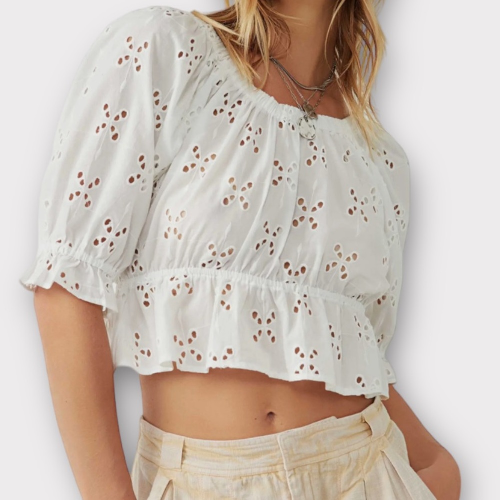 Free People Women’s Gardenia Blouse XL Eyelet Crop 100% Cotton Frilly Dainty NWT - Picture 3 of 5